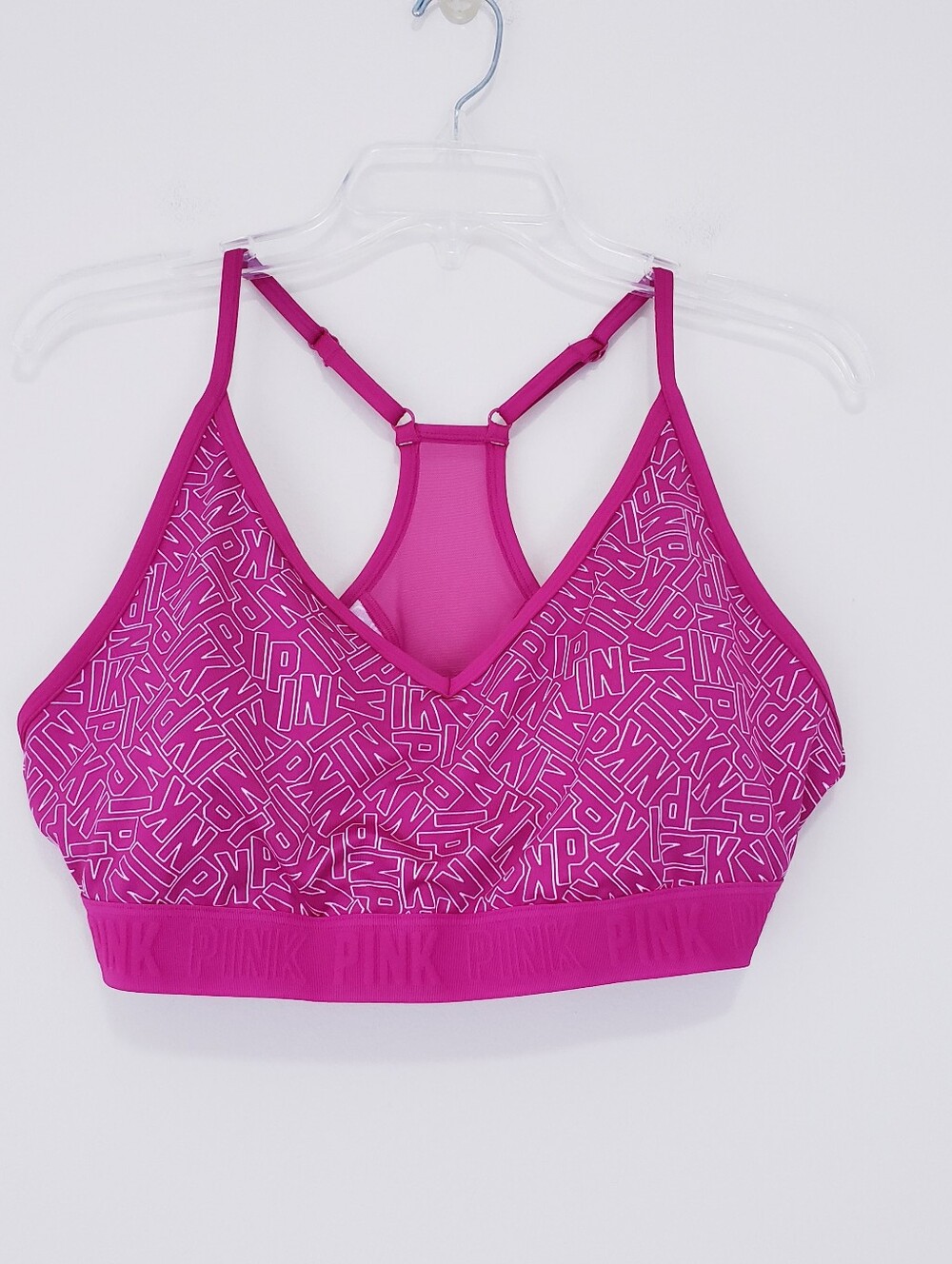 Victoria's Secret PINK Sports Bra Bralette Large DD Pink White Allover Logo New